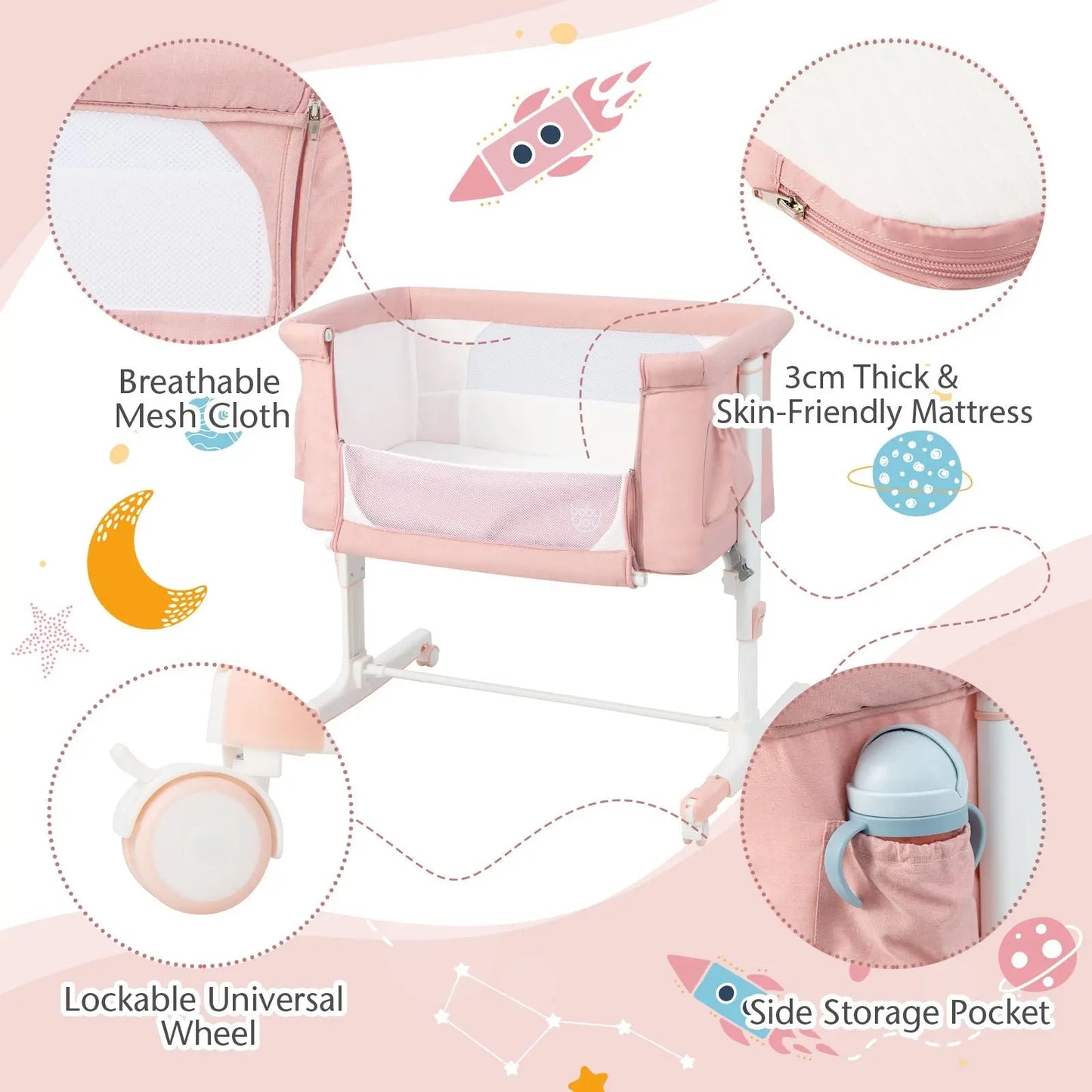 3-In-1 Adjustable Baby Bedside Bassinet with Mattress