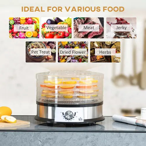 5 Tier Food Dehydrator 250W Stainless Steel Food Dryer Machine Silver - My Store