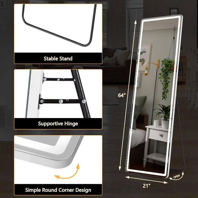 Full Length Mirror with LED Lights, 64"X21" Lighted Floor Standing Mirror with Stand