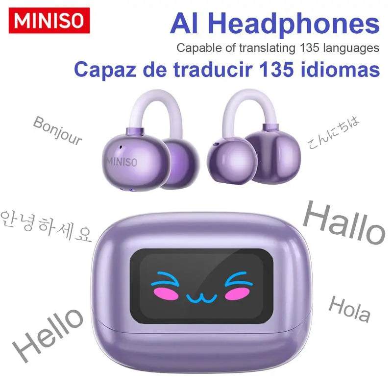MINISO MS199 Translation Clip on Ear Headphones Full Color Touch Screen, Audio Wireless Headphones Support 135 Languages Real Time Bluetooth Translation Built-In Microphone for Music & Phone Calls,Sport Waterproof & Sweatproof