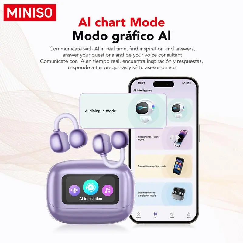 MINISO MS199 Translation Clip on Ear Headphones Full Color Touch Screen, Audio Wireless Headphones Support 135 Languages Real Time Bluetooth Translation Built-In Microphone for Music & Phone Calls,Sport Waterproof & Sweatproof