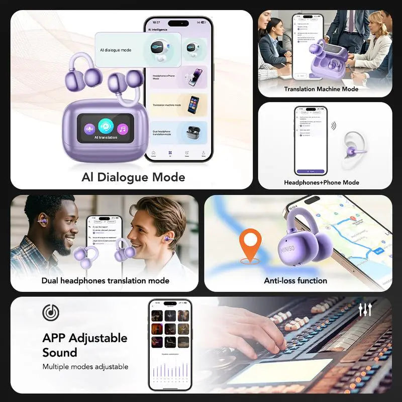 MINISO MS199 Translation Clip on Ear Headphones Full Color Touch Screen, Audio Wireless Headphones Support 135 Languages Real Time Bluetooth Translation Built-In Microphone for Music & Phone Calls,Sport Waterproof & Sweatproof