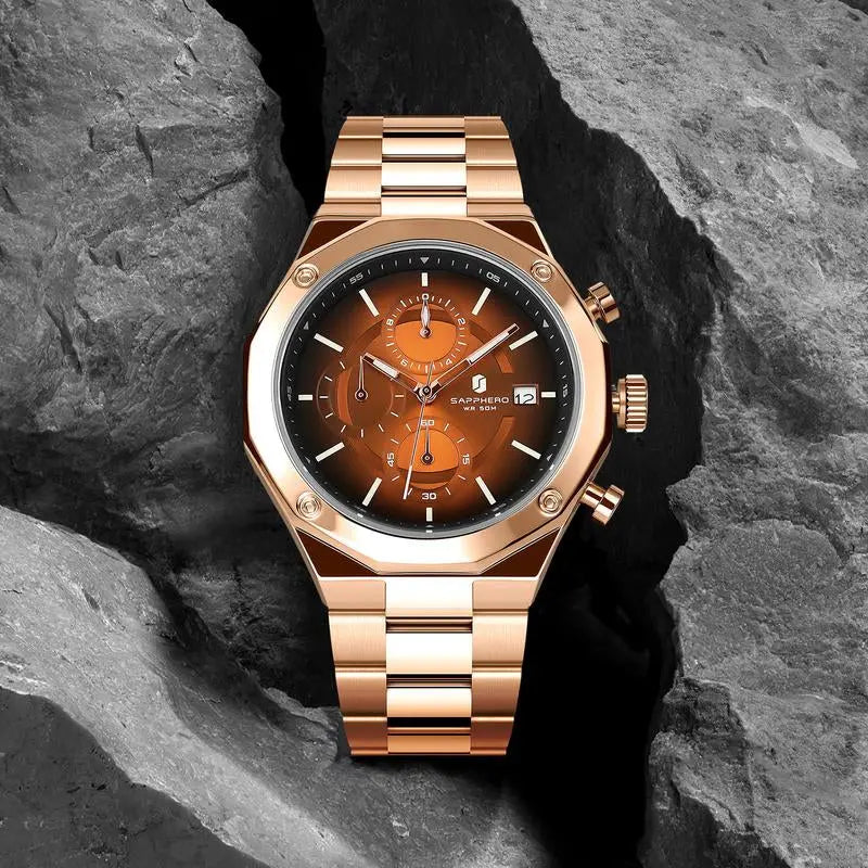 SAPPHERO Watches for Men Octagonal Stainless Steel Quartz Men'S Watch 50 Meter Water Resistant Analog Movement Multifunction Dial Classic Men'S Gifts