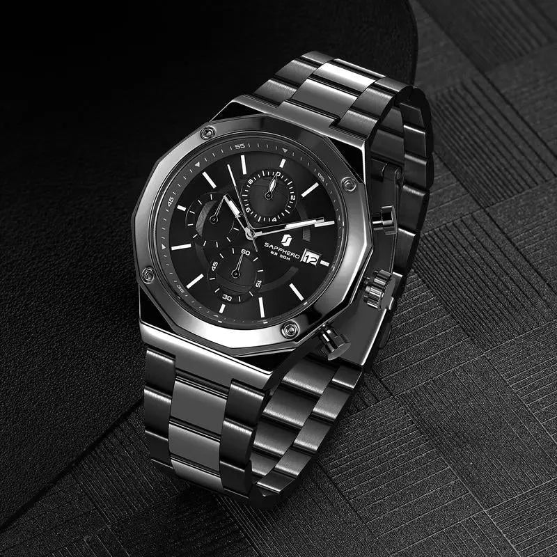 SAPPHERO Watches for Men Octagonal Stainless Steel Quartz Men'S Watch 50 Meter Water Resistant Analog Movement Multifunction Dial Classic Men'S Gifts