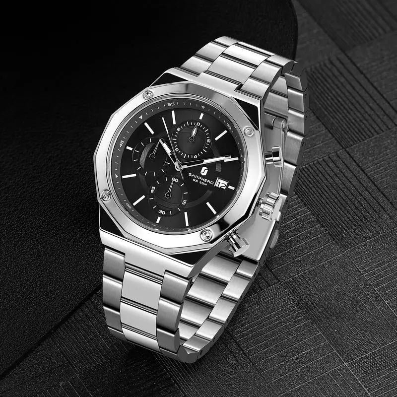 SAPPHERO Watches for Men Octagonal Stainless Steel Quartz Men'S Watch 50 Meter Water Resistant Analog Movement Multifunction Dial Classic Men'S Gifts