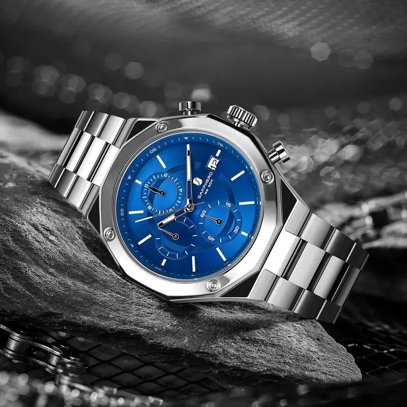 SAPPHERO Watches for Men Octagonal Stainless Steel Quartz Men'S Watch 50 Meter Water Resistant Analog Movement Multifunction Dial Classic Men'S Gifts