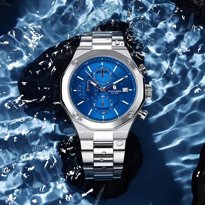 SAPPHERO Watches for Men Octagonal Stainless Steel Quartz Men'S Watch 50 Meter Water Resistant Analog Movement Multifunction Dial Classic Men'S Gifts