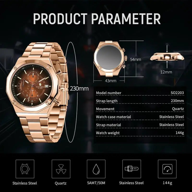 SAPPHERO Watches for Men Octagonal Stainless Steel Quartz Men'S Watch 50 Meter Water Resistant Analog Movement Multifunction Dial Classic Men'S Gifts