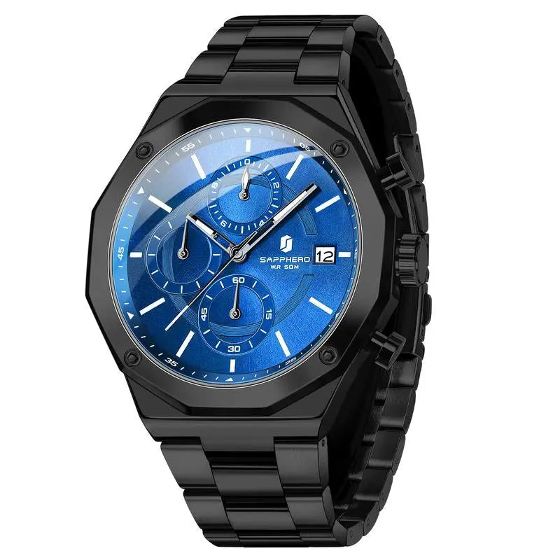 SAPPHERO Watches for Men Octagonal Stainless Steel Quartz Men'S Watch 50 Meter Water Resistant Analog Movement Multifunction Dial Classic Men'S Gifts