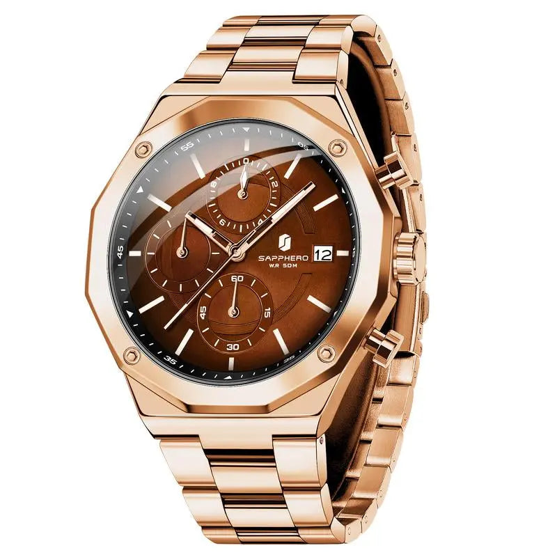 SAPPHERO Watches for Men Octagonal Stainless Steel Quartz Men'S Watch 50 Meter Water Resistant Analog Movement Multifunction Dial Classic Men'S Gifts