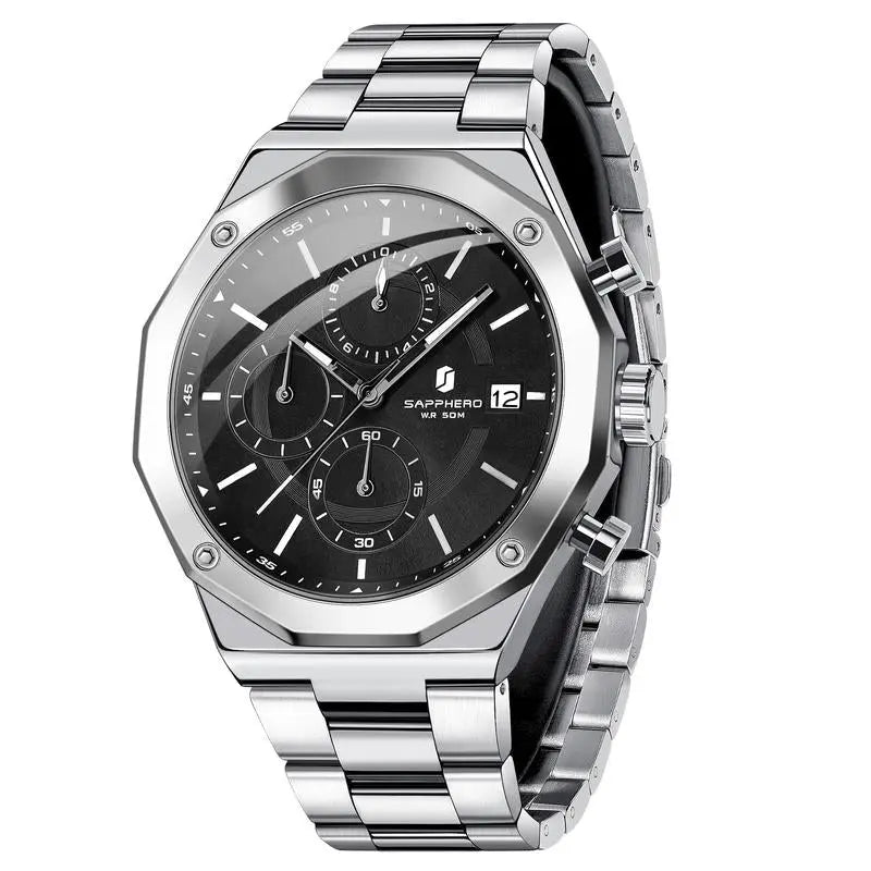 SAPPHERO Watches for Men Octagonal Stainless Steel Quartz Men'S Watch 50 Meter Water Resistant Analog Movement Multifunction Dial Classic Men'S Gifts