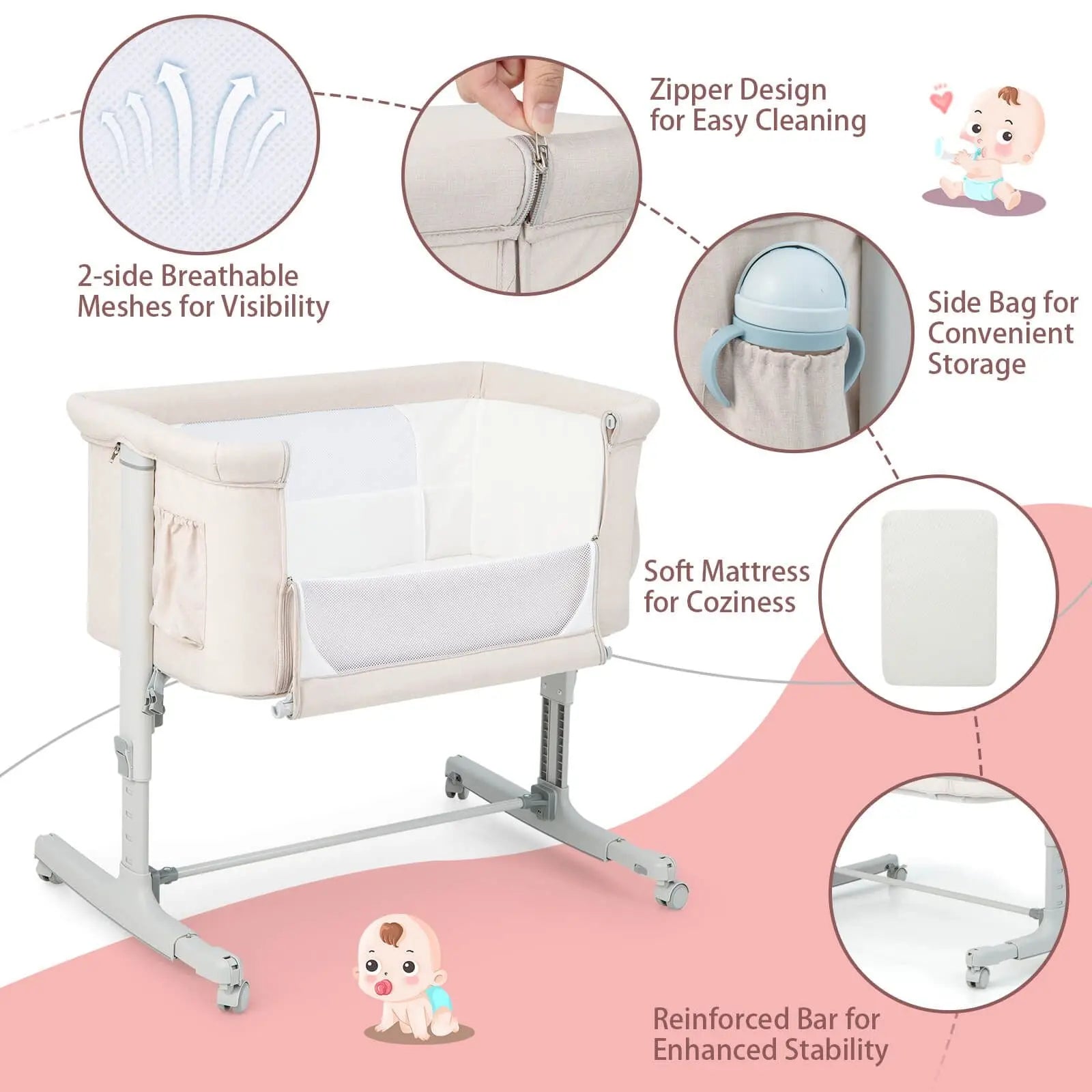 3-In-1 Adjustable Baby Bedside Bassinet with Mattress