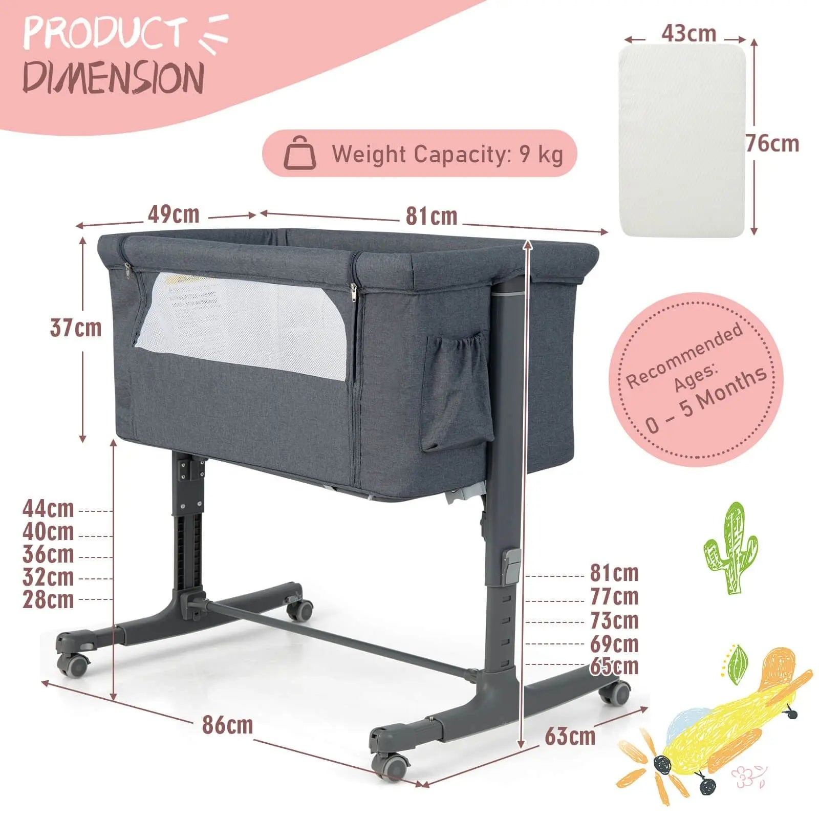 3-In-1 Adjustable Baby Bedside Bassinet with Mattress