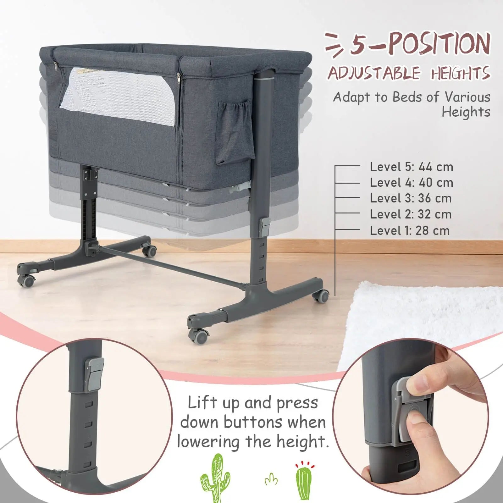 3-In-1 Adjustable Baby Bedside Bassinet with Mattress