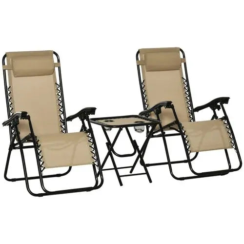 3PC Zero Gravity Chairs Sun Lounger Table Set w/ Cup Holders, Beige Outsunny - My Store