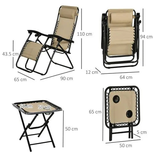 3PC Zero Gravity Chairs Sun Lounger Table Set w/ Cup Holders, Beige Outsunny - My Store