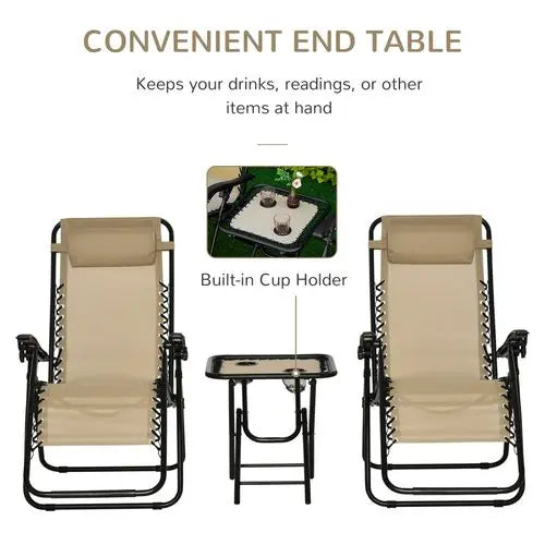 3PC Zero Gravity Chairs Sun Lounger Table Set w/ Cup Holders, Beige Outsunny - My Store