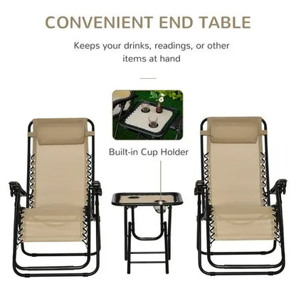 3PC Zero Gravity Chairs Sun Lounger Table Set w/ Cup Holders, Beige Outsunny - My Store