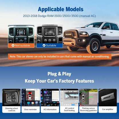 EONON Car Stereo for Dodge RAM 1500 2500 3500 (2013-2018) Manual AC, Wireless Apple Carplay & Android Auto Car Radio Touch Screen, 9" Android 13 Car Head Unit, Steering Wheel Controls, GPS Navigation, BT, Wi-Fi, Sub, Backup Camera, Plug & Play - DGRMX6