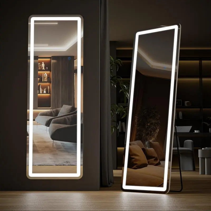 Full Length Mirror with LED Lights, 64"X21" Lighted Floor Standing Mirror with Stand