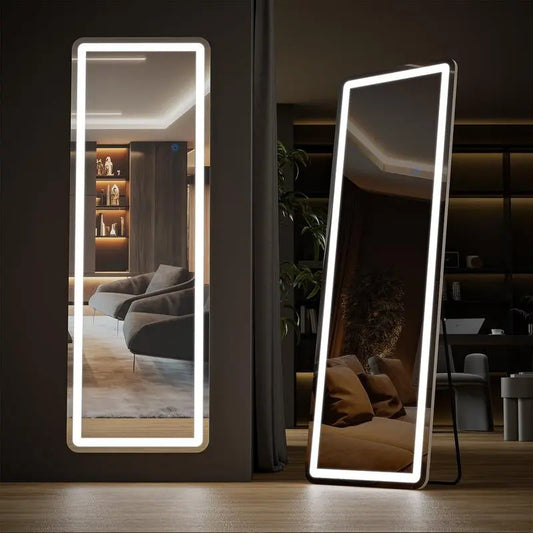 Full Length Mirror with LED Lights, 64"X21" Lighted Floor Standing Mirror with Stand