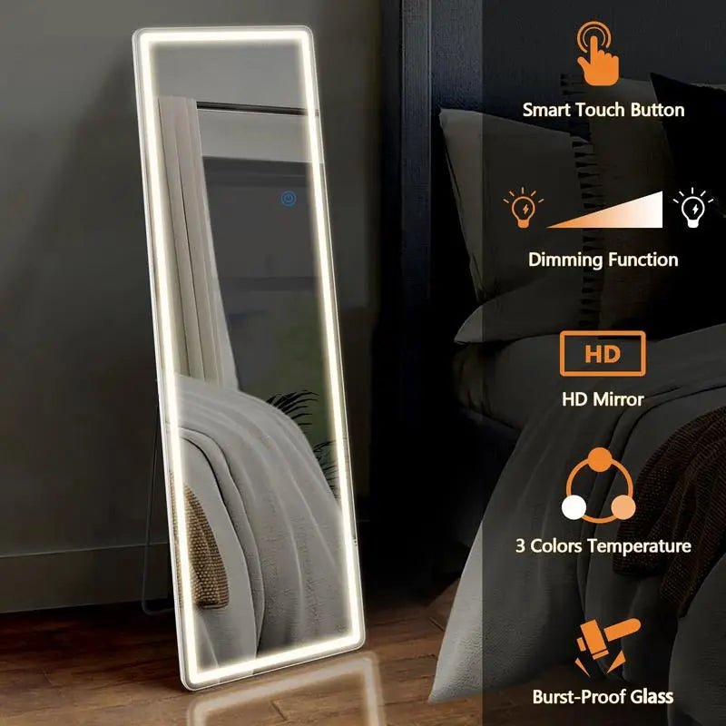 Full Length Mirror with LED Lights, 64"X21" Lighted Floor Standing Mirror with Stand