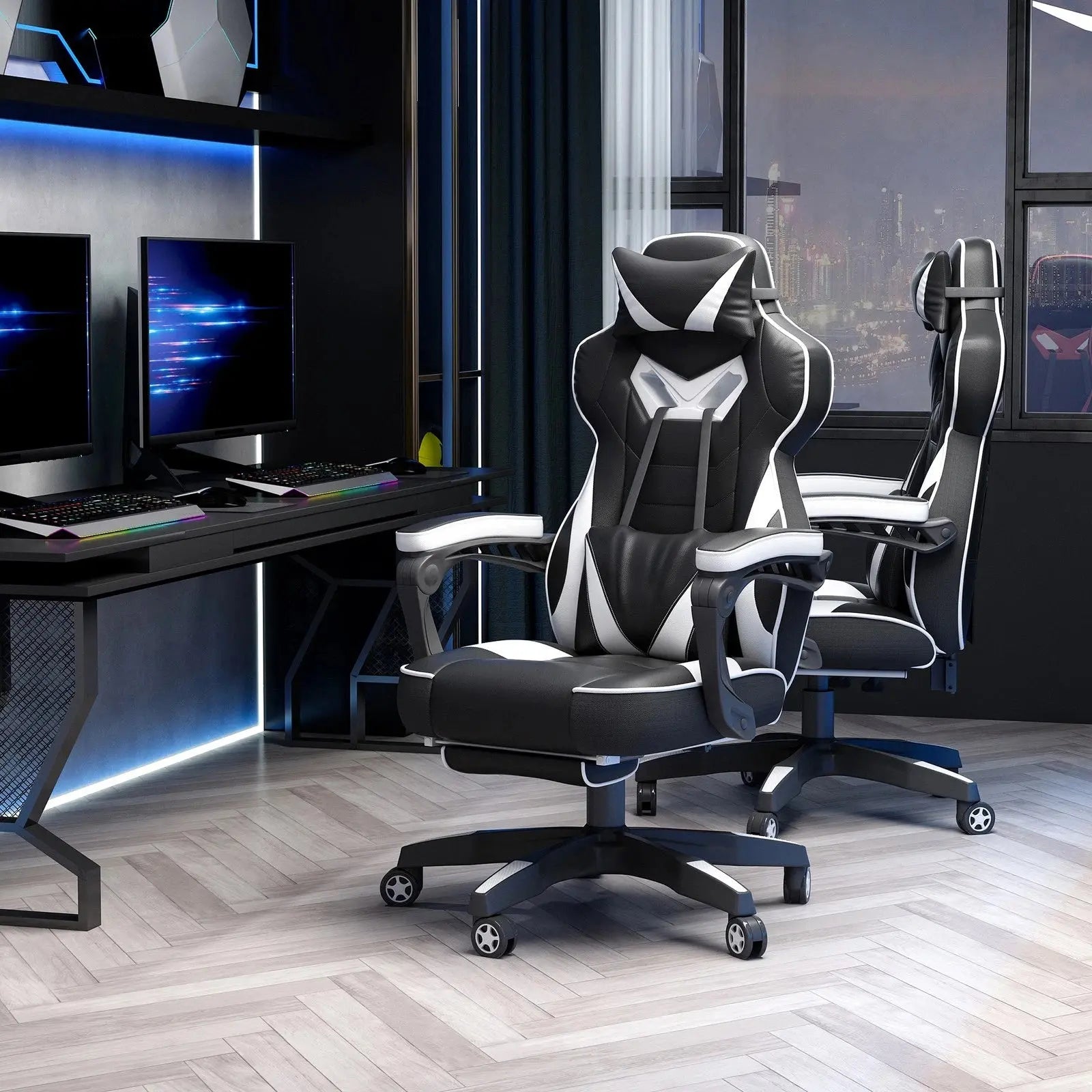 Gaming Chair Ergonomic Reclining w/ Manual Footrest Wheels Stylish Office Pink - My Store