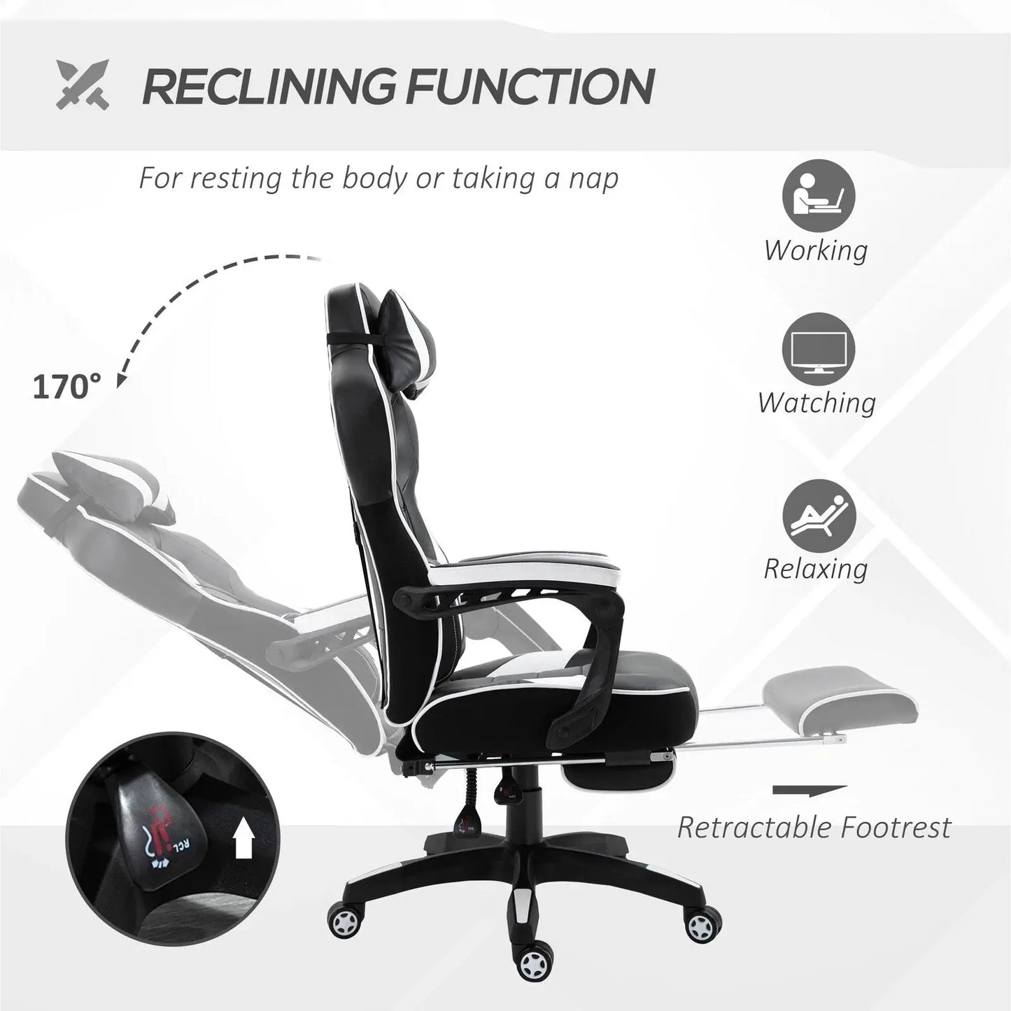 Gaming Chair Ergonomic Reclining w/ Manual Footrest Wheels Stylish Office Pink - My Store