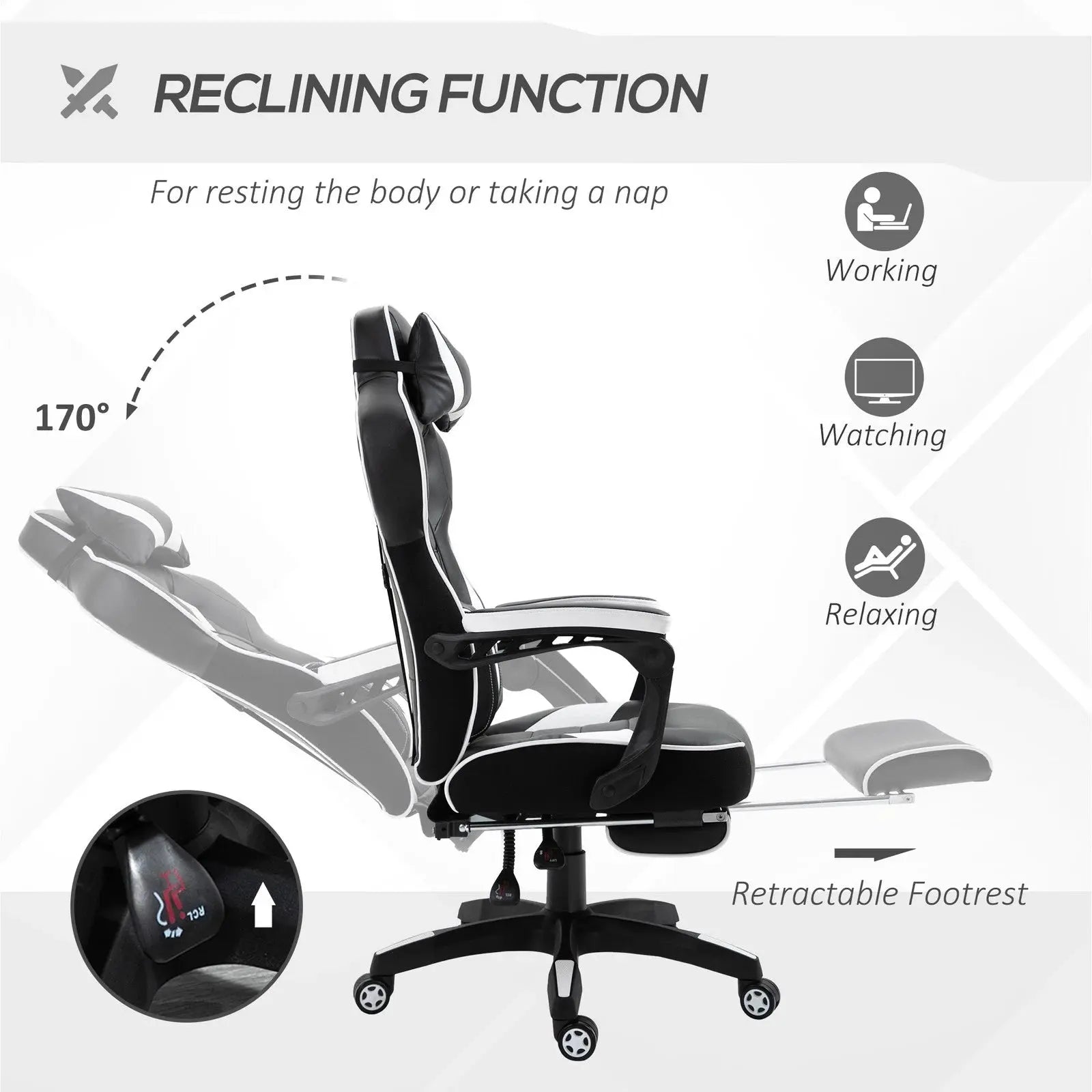 Gaming Chair Ergonomic Reclining w/ Manual Footrest Wheels Stylish Office Pink - My Store
