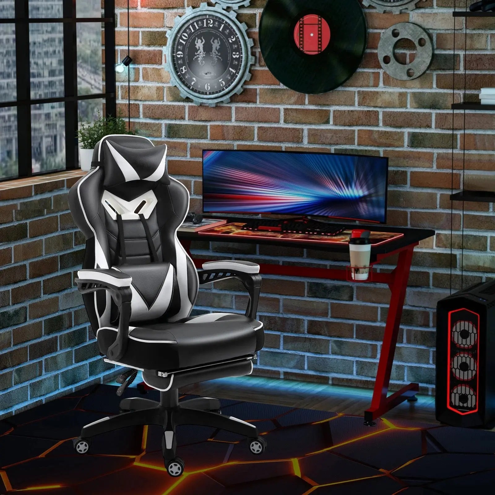 Gaming Chair Ergonomic Reclining w/ Manual Footrest Wheels Stylish Office Pink - My Store