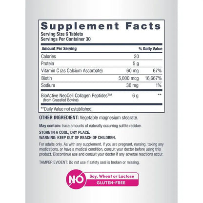 Grassfed Collagen Peptides + C & Biotin Supplement | 180 Tablets