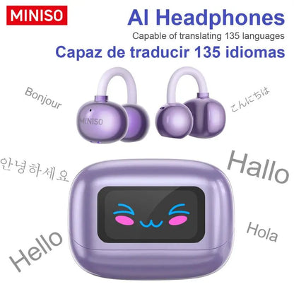 MINISO MS199 Translation Clip on Ear Headphones Full Color Touch Screen, Audio Wireless Headphones Support 135 Languages Real Time Bluetooth Translation Built-In Microphone for Music & Phone Calls,Sport Waterproof & Sweatproof