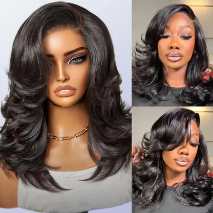Menglle Hair Short Glueless Transparent Lace Front Human Hair Shoulder Length Wavy Bob Wig Pre-Layered Cut Honey Blonde Highlight / Natural Black / Brow 2025 Mother'S Day