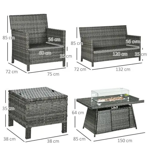 Outsunny Rattan Garden Furniture Sofa Set Armchairs Footstools Fire Pit Table - My Store