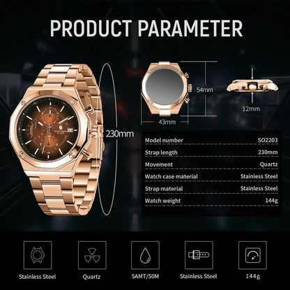 SAPPHERO Watches for Men Octagonal Stainless Steel Quartz Men'S Watch 50 Meter Water Resistant Analog Movement Multifunction Dial Classic Men'S Gifts